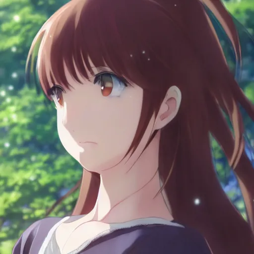 Image similar to photorealistic, a beautiful smiling anime girl with brown hair and high ponytail sitting under a tree, anime key visual, digital art, anime screenshot, kyoto animation, makoto shinkai, trending on pixiv