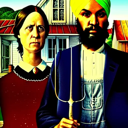 Image similar to Justin Trudeau and Jagmeet Singh in the american gothic painting, concept art, sharp focus, highly detailed digital painting by Grant Wood, artstation