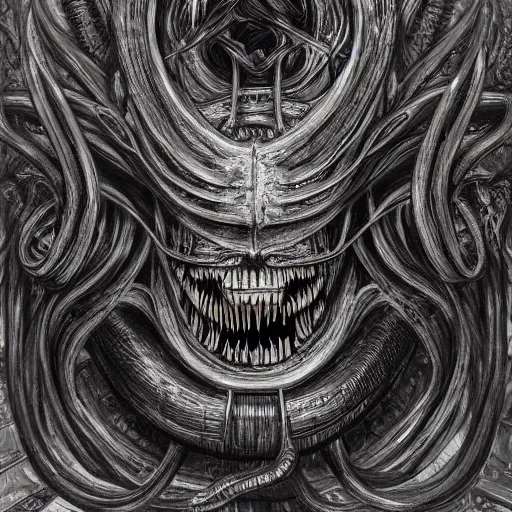 Image similar to portrait of a lovecraftian eldritch horror, centered, h. r. giger, highly detailed, high definition, 8 k, trending on artstation w 1 0 8 0 h 1 9 2 0