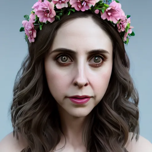 Image similar to intricate highly detailed face portrait of alison brie, flower crown on her head, intricate, cgsociety, unreal engine, octane render, sharp focus, smooth, volumetric lighting, cinematic composition, artstation