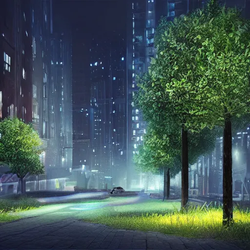 Prompt: city overgrown, night time, photo realistic, glow