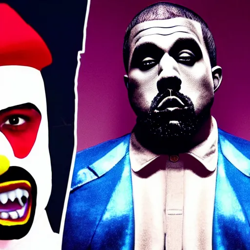 Image similar to Kanye west dressed up as a clown, kanye 🤡, funny, kanye west the rapper on stage, rtx on, real life visuals, high detail, cinematic view