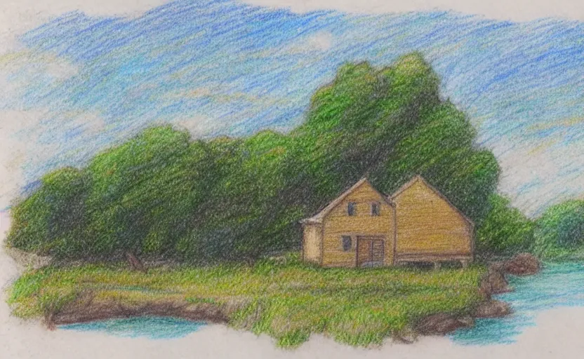 Image similar to a color pencil sketch of a serene landscape with a singular building near a river, cute, natural lighting, high quality, highly detailed, drawing, realistic, godrays, complementary colors, beautiful, concept art