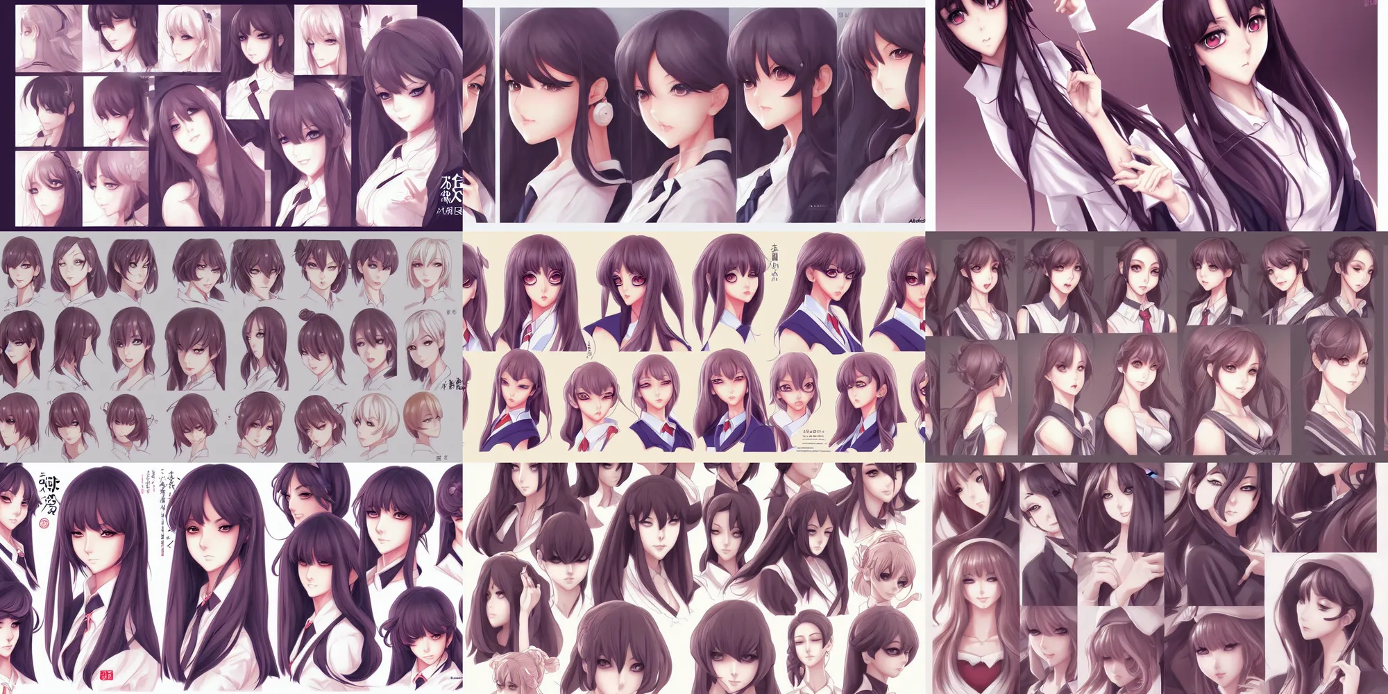 Prompt: character design sheet, beautiful anime style women with gorgeous symmetrical faces and bodies, japanese school uniform, intricate, elegant, by artgerm and wlop and mario feng