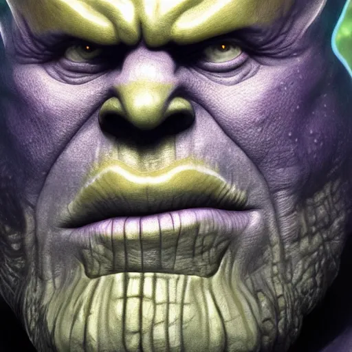 Prompt: Thanos, a character portrait by Brian and Wendy Froud, trending on cg society, fantasy art, zbrush, airbrush art, digital painting