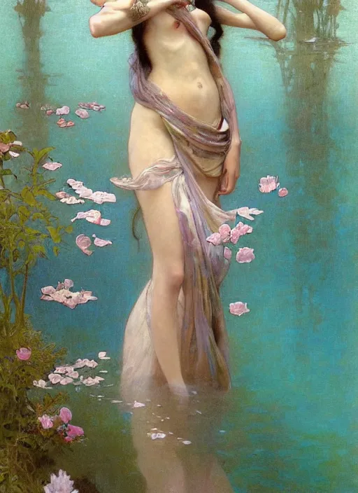 Image similar to a realistic oil painting of a beautiful young woman resembling winnie harlow, flowing robes, silk dress, peonies, crystal encrustations, underwater, fantasy art, by mucha, by bouguereau, intricate, colorful