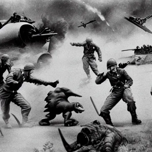 Image similar to WWII photograph of dinosaurs attacking nazi batallions