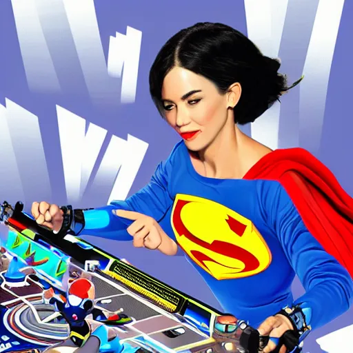 Prompt: a heroic woman wearing a blue super hero outfit playing on turntables, digital artwork, art station trending, ultra high detail