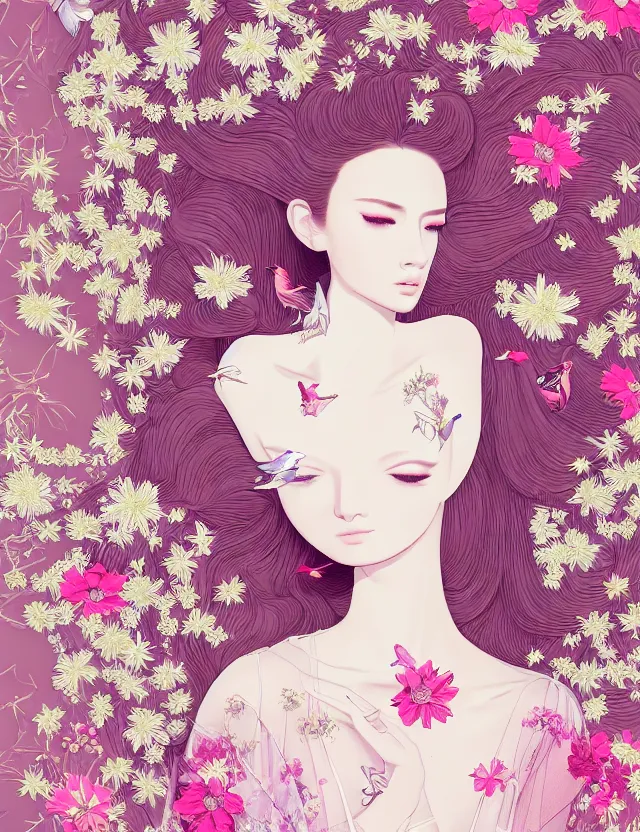 Image similar to fashionable illustration of a beautiful girl in a transparent dress, medium shot at eye level, delicate floral ornaments on fabric and hair, bright small birds, elegant, eiko ishioka, givenchy, peter murbacher, in the center, beautiful colors, origami, fashion, detailed, playful, dreamy, fashionable, japanese, real character creator, dynamic lighting