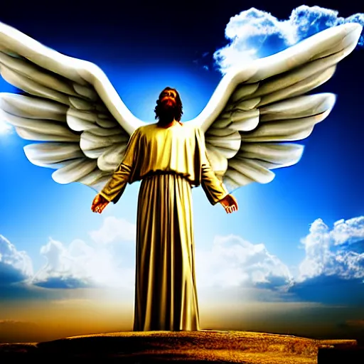 Image similar to gigantic biblical depiction of an angel towering over a vast landscape, cinematic, realistic, geometric white marble body, photorealistic, detailed, gold sky, global illumination, volumetric lighting, god rays, beautiful composition, majestic clouds, soft colors, heavenly lighting