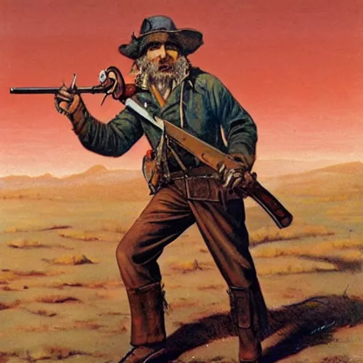 Image similar to 19th century scruffy american trapper holding a musket, on mars, pulp science fiction illustration