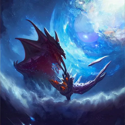 Prompt: prompt Blue crystalline dragon devouring a planet, space, planets, moons, sun system, nebula, oil painting, by Fernanda Suarez and and Edgar Maxence and greg rutkowski