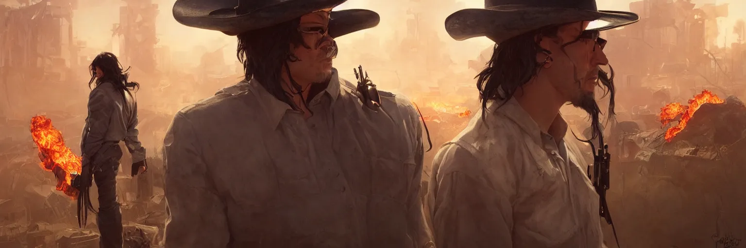 Image similar to Cinematic portrait of Cowboy Redneck Neo from The Matrix walking away from a burning trailer park, highly detailed, digital painting, artstation, concept art, smooth, sharp focus, illustration, art by artgerm and greg rutkowski and alphonse mucha