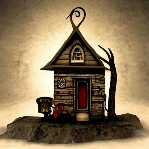 Prompt: strange darkness tiny house by Tim Burton, (by Tim Burton) dark forest background, volumetric lighting