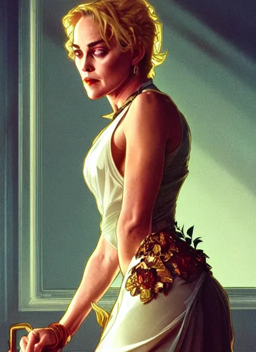 Image similar to young sharon stone as a serial killer queen, incredibly detailed face, light half opened dress, true anatomy, art by artgerm and greg rutkowski and alphonse mucha