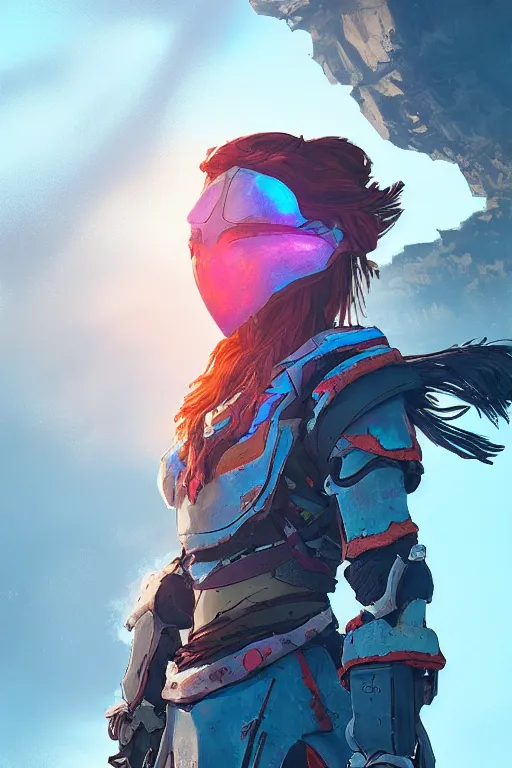 Image similar to combination suit armor aloy horizon forbidden west horizon zero dawn radiating a glowing aura global illumination ray tracing hdr fanart arstation by ian pesty and alena aenami artworks in 4 k tribal robot ninja mask helmet backpack