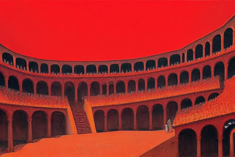 Image similar to only with red, a red great emperor, taormina amphitheatre, crowd with big smile, in the style of beksinski, parts by edward hopper, parts by rodcenko, parts by yue minjun, intricate and epic composition, red by caravaggio, insanely quality, highly detailed, masterpiece, red light, artstation, 4 k