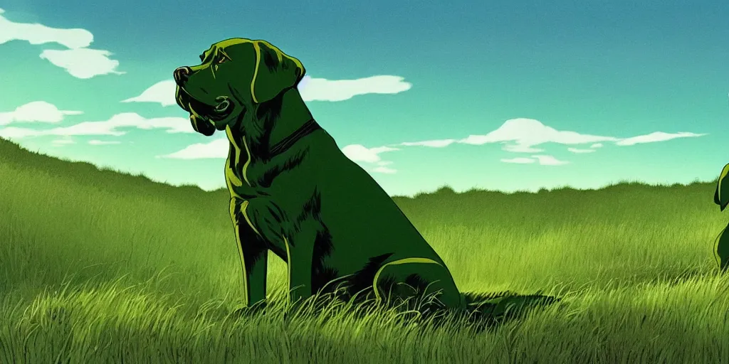 Prompt: hyperrealist, graphic novel illustration of a massive muscular green labrador retriever and shaggy green fur with green dye sitting on a grassy hill, pulp 7 0's sci - fi vibes, 9 0's hannah barbara fantasy animation, cinematic, movie still, studio ghibli masterpiece