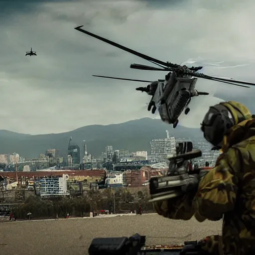 Image similar to Action Horror Cinematic Scene Military Helicopters shooting at Giant Monster in the city