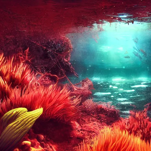 Prompt: underwater view of a strange alien world, some washed out red and green plant life, sci-fi underwater base, deep blue sea color, artstation