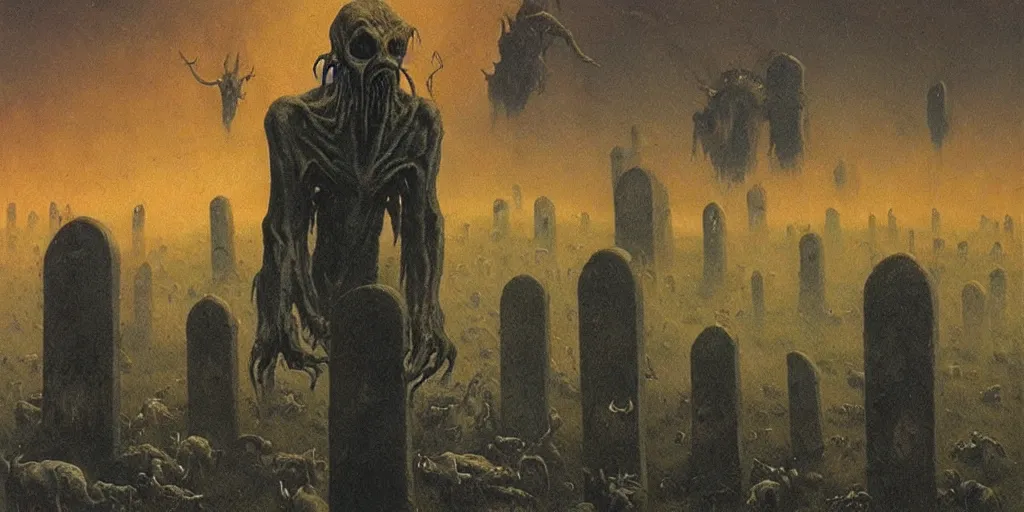 Prompt: demonic alien with long fingers surrounded by tombstones and floating cows, Beksinski