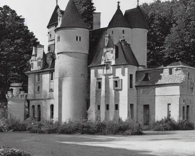 Image similar to old black-and-white photograph of a French castle constructed with lego bricks