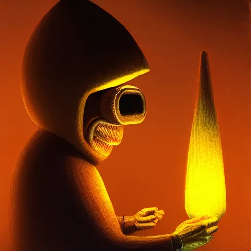 Image similar to Anthropomorphic corn cob using computer in a dark room, face illuminated, hyperrealistic, artstation, 8k, concept art, very detailed, hd, digital painting, shadows, dimly lit, dramatic lighting