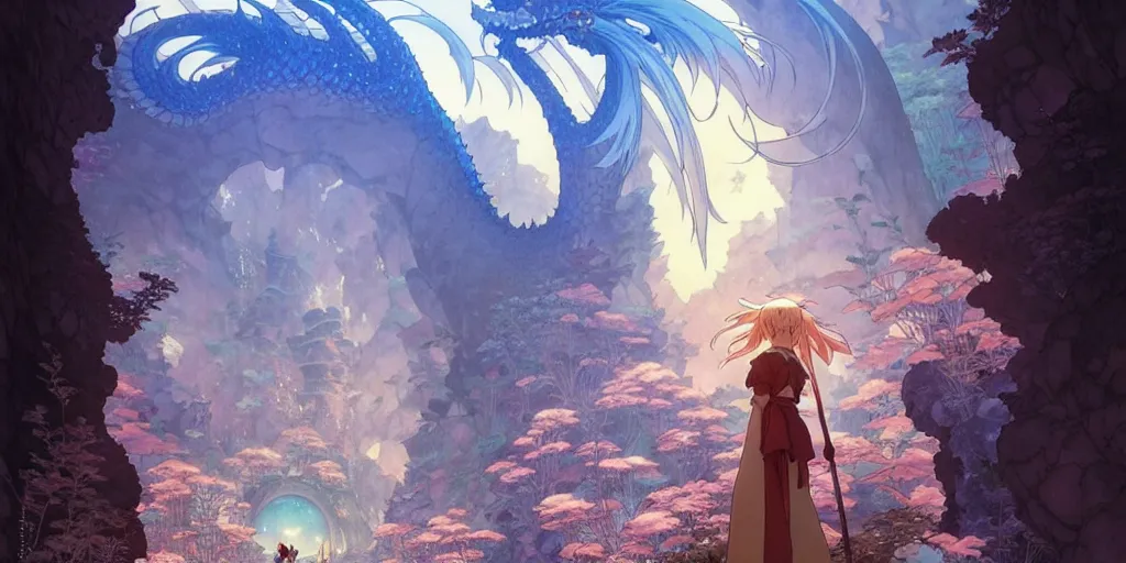 Image similar to the girl and the magic dragons cave. anime visual. torches, dark. by hayao miyazaki and rossdraws and artgerm and chie yoshii and detmold and greg rutkowski and alphonse mucha. anime production by studio ghibli. high quality, stunning, intricate detailed environment. 8 k