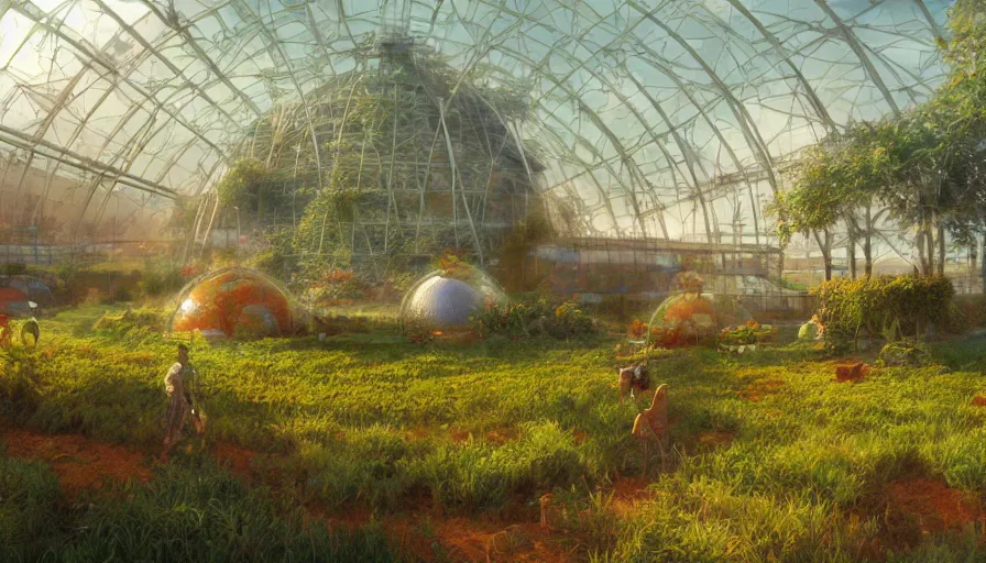 Image similar to craig mullins and ghibli digital illustration of solarpunk fields of crops and hydroponics under an invisible dome, farms, colorful, unreal engine, hyper realism, realistic shading, cinematic composition, realistic render, octane render, detailed textures, photorealistic, wide shot