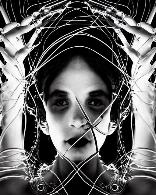 Prompt: black and white artistic photo, young female cyborg - plant goddess, microchip, artificial intelligence, bio - mechanical bio - luminescence, black wired cables, cinematic, rim light, photo - realistic, 8 k, in the style of dora maar and h. g. giger