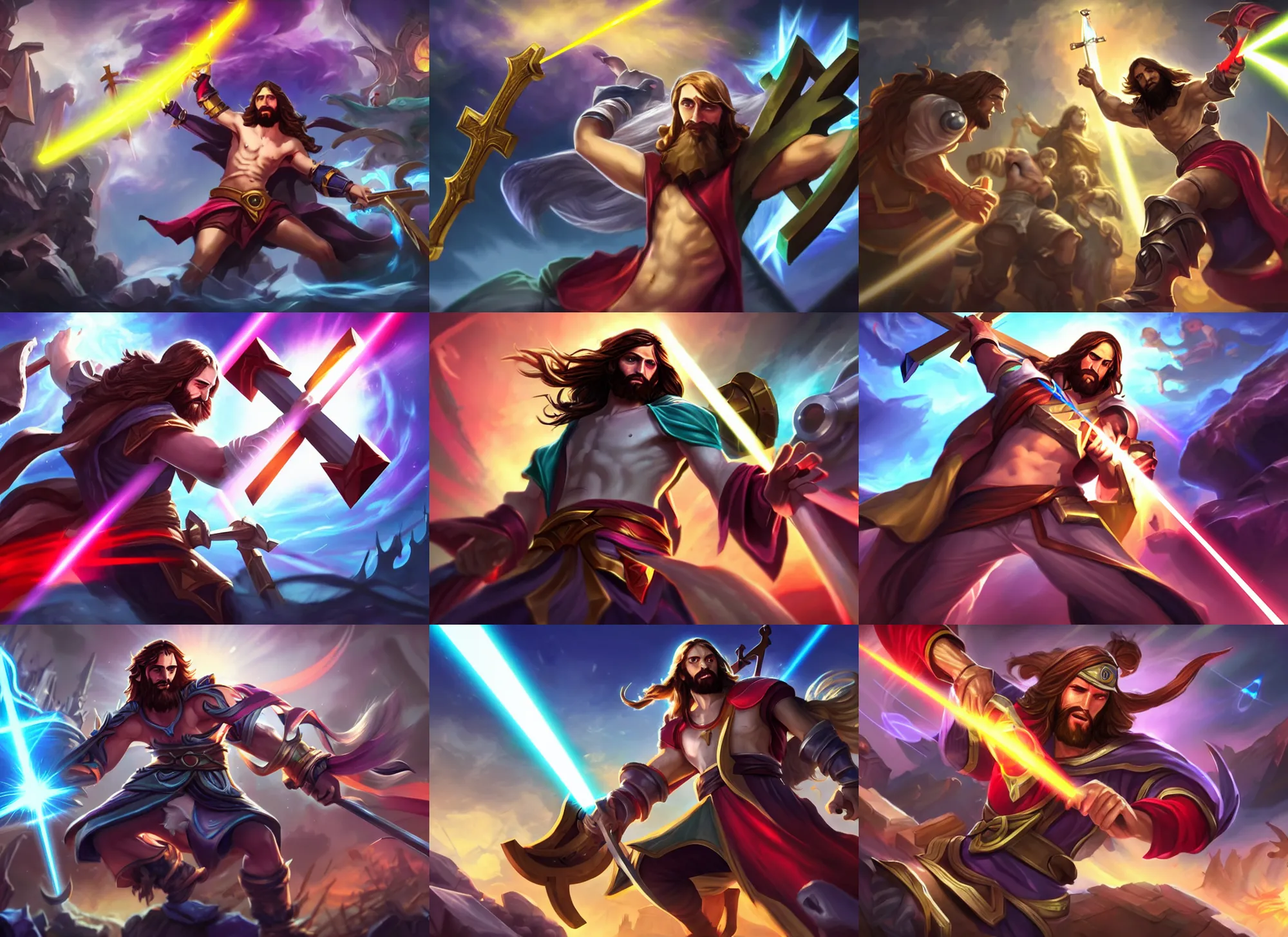 Prompt: Jesus wielding a cross shaped laser, league of legends splashart