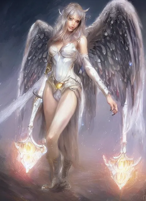 Image similar to concept art, angel knight girl. by artstation trending, by joseph mallord william turner, luis royo, konstantin razumov, cinematic lighting, highly detailed