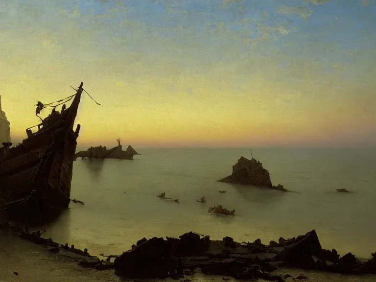 Image similar to an oil painting of a coastline at dawn, with an old shipwreck on a serene beach, beautiful sky by beksinski carl spitzweg and tuomas korpi. baroque elements, full-length view. baroque element. intricate artwork by caravaggio. Trending on artstation. 8k