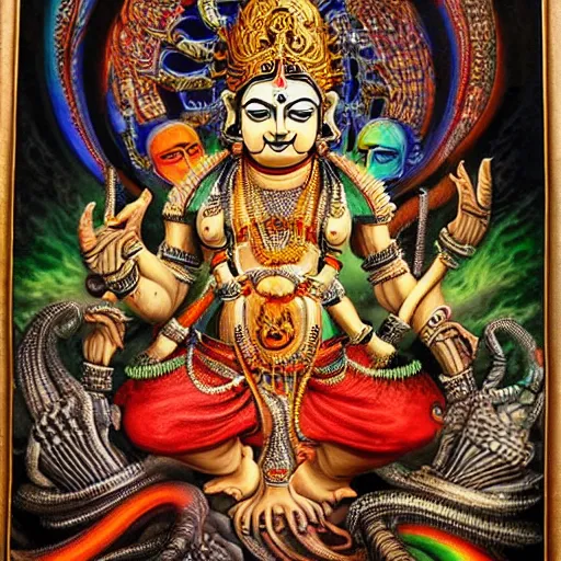 Prompt: hindu gods, airbrush painting by hr giger, intricate detail, exquisite craftsmanship, colorful lighting,