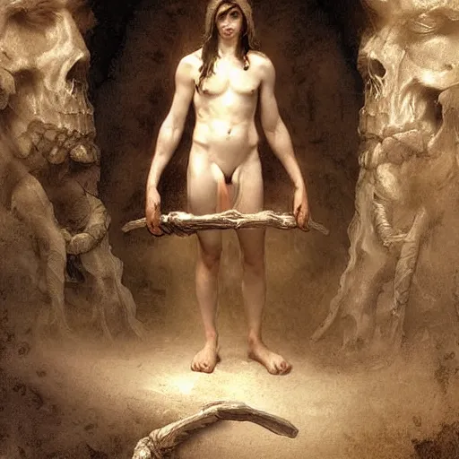 Prompt: mqn in giant gigarette costume standing in the front of gates of hell. man is draped with bones. digital painting. art station. mood lighting. skindness, highly detailed, concept art, intricate, sharp focus, einar jonsson and bouguereau - h 1 2 0 0