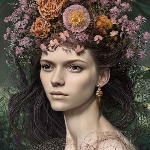 Image similar to portrait of a young pretty woman in flowing dress, arrogant, mysterious, long fine flowing hair, delicate, looking at camera, realistic face, intricate, stylish, elegant, grimdark, flowers, extremely detailed photograph by Martine Johanna and Ernst Haeckel and Greg Rutkowski