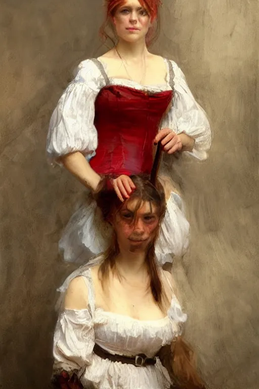 Image similar to Solomon Joseph Solomon and Richard Schmid and Jeremy Lipking victorian genre painting full length portrait painting of a young beautiful woman traditional german french barmaid pirate wench in fantasy costume, red background