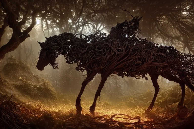 Image similar to a stunning horse made of gnarled wood with a thick mane of bioluminescent vines and flowers running through the woods by greg rutkowski, high key lighting, volumetric light, digital art, highly detailed, fine detail, intricate, ornate, complex, octane render, unreal engine, photorealistic