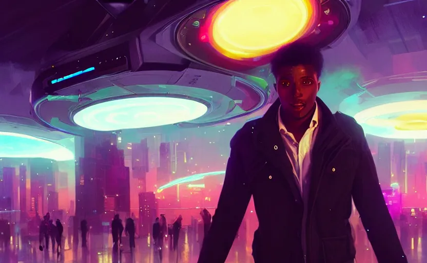 Image similar to handsome black genius infiltrating the metaverse, cinematic and dramatic, curved translucent holographic displays, urban atmosphere, cmyk glowing lights, highly detailed, digital painting, artstation, concept art, smooth, sharp focus, illustration, art by wlop, mars ravelo and greg rutkowski