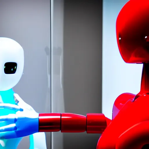 Image similar to humanoid robot using a mirror, human reflection touching the robot's finger through the mirror, dramatic, cinematic, ultra - detailed, 8 k,