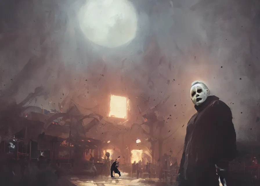 Prompt: painting of Michael Myers having fun at an amusement park, sharp focus, trending on ArtStation, masterpiece, by Greg Rutkowski, by Ross Tran, by Fenghua Zhong, octane, soft render, oil on canvas, high contrast, cinematic, environmental concept art