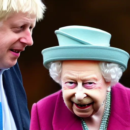 Image similar to boris johnson in clown makeup talking to Queen Elizabeth II, hyperrealistic, photorealistic, printed on the Guardian