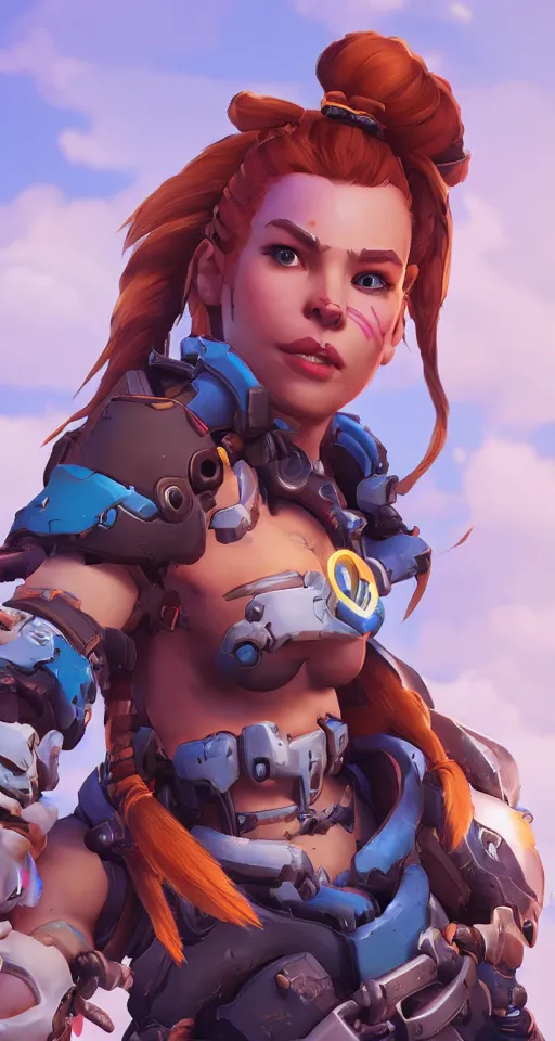 Image similar to one character, overwatch, brigitte, horizon zero dawn, aloy, digital art, high detailed, artstation, octane render