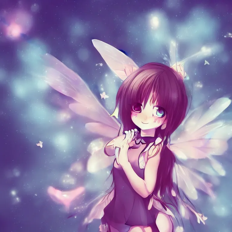 Image similar to cute, full body, female, anime style, a cat girl with fairy wings, large eyes, beautiful lighting, sharp focus, simple background, creative, heart effects, filters applied, illustration