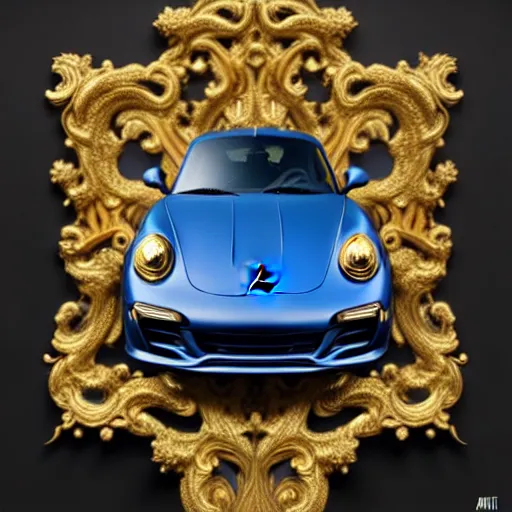 Image similar to black blue yellow porsche 9 1 1, complicated gold and blue flowers the baroque style decoration, dark fantasy, intricate, elegant, highly detailed, digital painting, artstation, concept art, matte, 3 d 8 k octane rendered, sharp focus, illustration, octane rendered, art by artgerm