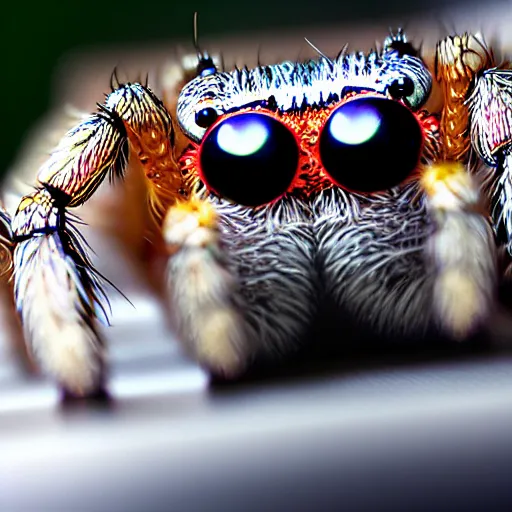 Prompt: a jumping spider using computer small keyboard, by pixar, macro lens, iridescent, montage