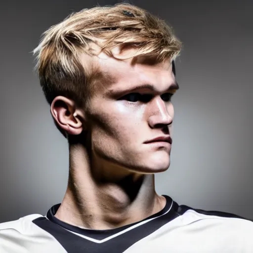 Image similar to a realistic detailed photo of a guy who is an attractive humanoid who is half robot and half humanoid, who is a male android, soccer player martin ødegaard, shiny skin, posing like a statue, blank stare, in a living room, on display, showing off his muscles