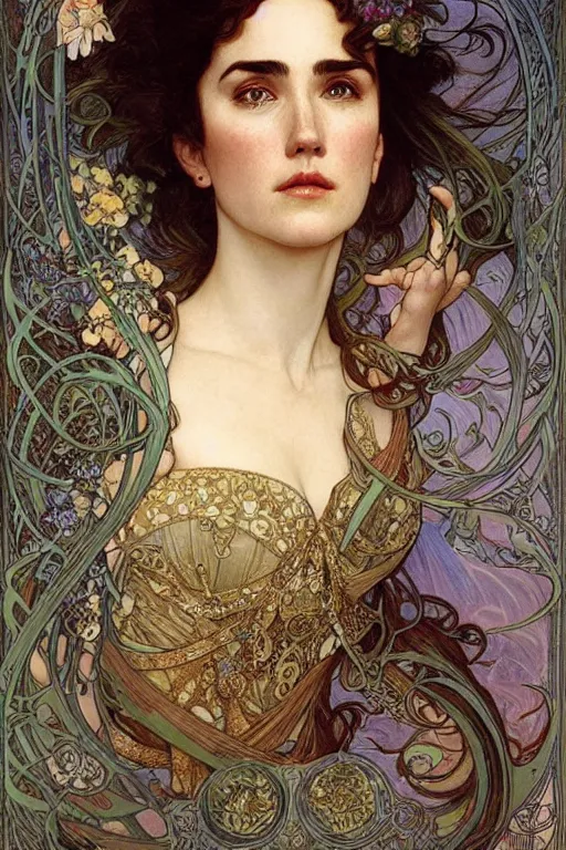 Prompt: realistic detailed face portrait of Jennifer Connelly as a beautiful young regal majestic Medieval Queen by Alphonse Mucha, Ayami Kojima, Amano, Charlie Bowater, Karol Bak, Greg Hildebrandt, Jean Delville, and Mark Brooks, Art Nouveau, Neo-Gothic, gothic, rich deep moody colors