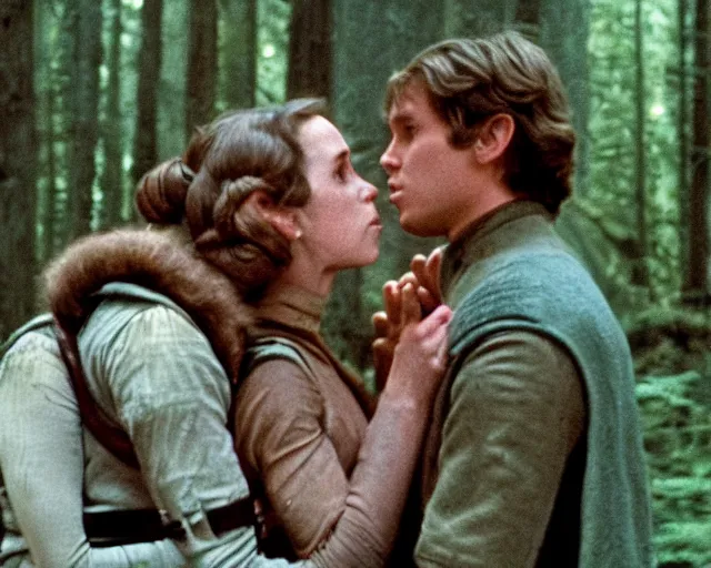 Prompt: luke skywalker, princess leia and han solo hugging and kissing in the forest of endor at the end of return of the jedi, faster, more intense