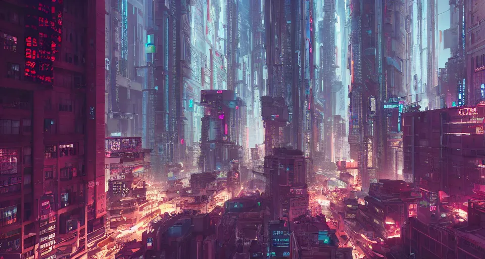 Prompt: city center of a cyberpunk city, intricate artwork by tooth wu and wlop and beeple, octane render, hyper realism, 8 k